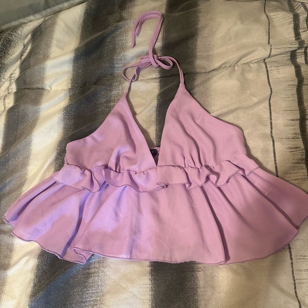 Lavender Halter Neck Ruffle Tank Top